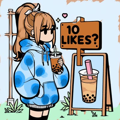 girl with oversized hoodie drinking boba and she has a high ponytail with a sign that says 10likes?