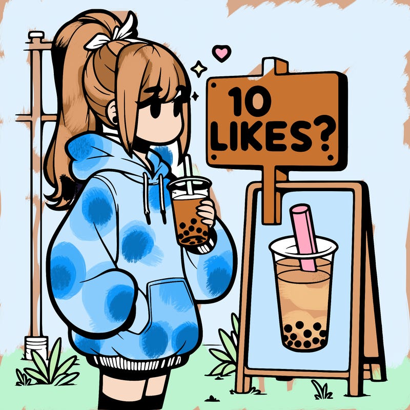 girl with oversized hoodie drinking boba and she has a high ponytail with a sign that says 10likes?