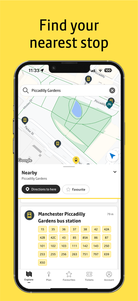 Aplicación Bee Network mostrando un mapa de Manchester con paradas de autobús cercanas y números de ruta