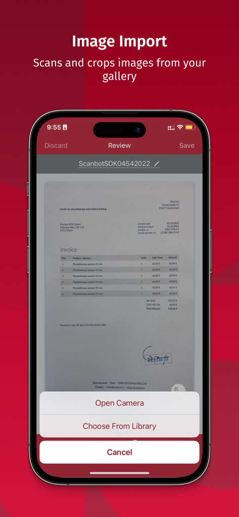 Scanbot SDK app showing the document import and cropping feature from the phone gallery