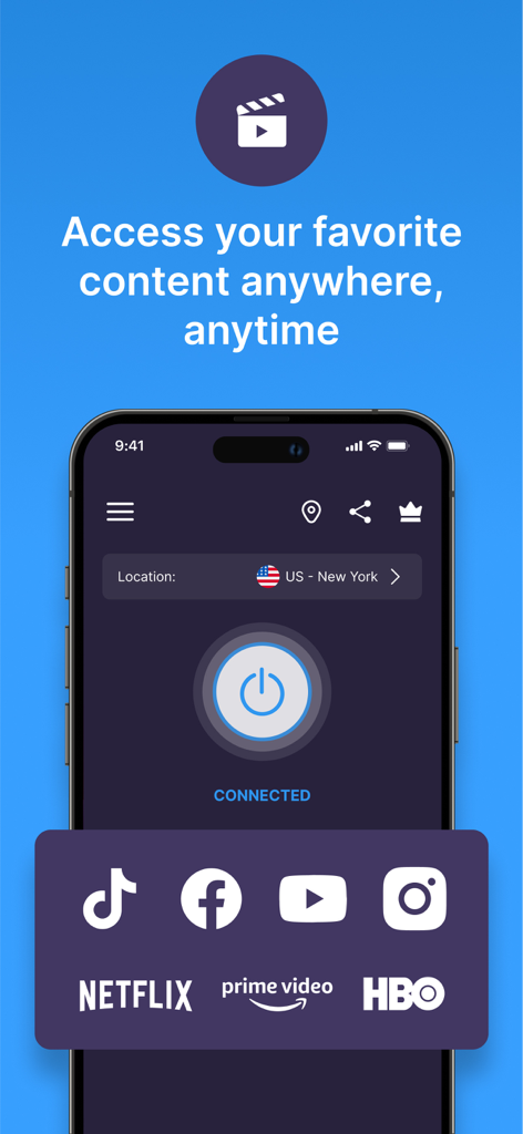 VPN Super Unlimited ProxyアプリがNetflix、TikTok、HBOのアイコンと共にニューヨークサーバーに接続されていることを示すiPhone