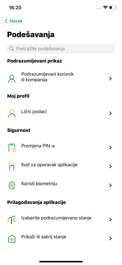 ATOS BANK Mobile - ATOS BANK Mobileアプリの設定画面、セルビア語でのセキュリティとプロファイルオプションを表示