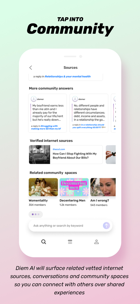 Interface of the Diem app showing community search results, verified articles, and social spaces for women and LGBTQIA+ individuals.