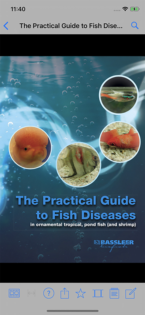 Fish Doctor - Captura de pantalla de la aplicación Fish Doctor mostrando la página de título de la guía práctica de enfermedades de peces