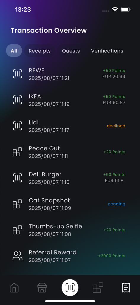 Scannit Network (Beta) - Transaction history in Scannit app showing points earned from receipts and quests