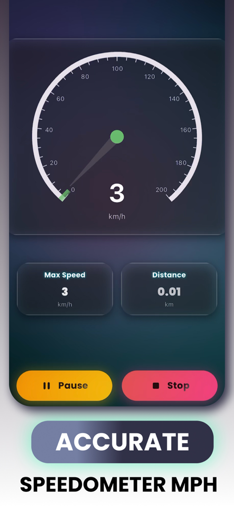 A digital speedometer app interface displaying speed distance and max speed statistics