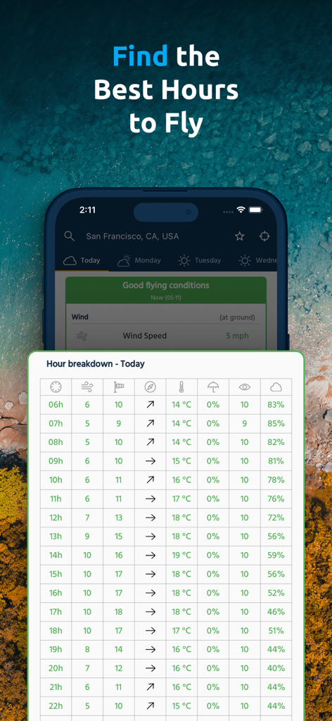 Dronecast: UAV & Drone Weather - ドローン飛行計画のための風速と視程を示すDronecastアプリの毎時天気予報表