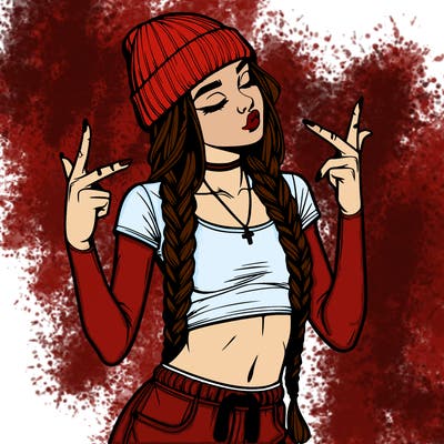 realistic teenage girl with braids and a beanie and crop top doing 🫶🏼