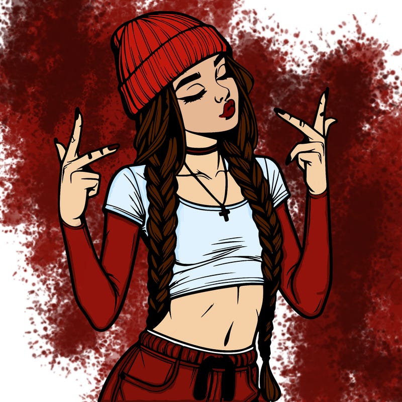realistic teenage girl with braids and a beanie and crop top doing 🫶🏼