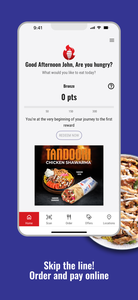 Tahini's Restaurants - Home screen of the Tahinis app displaying user rewards points and a Tandoori Chicken Shawarma promotion.