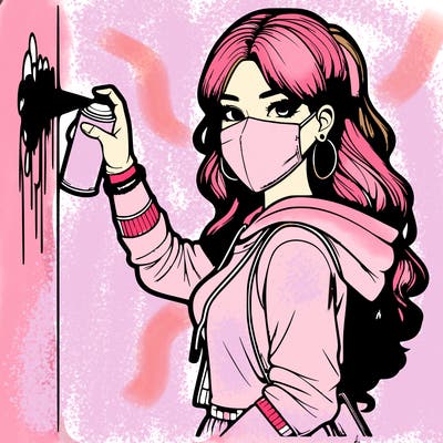 realistic girl with mask spray painting a wall