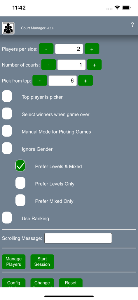 Court Manager app configuration interface for setting up sports sessions and player rotations