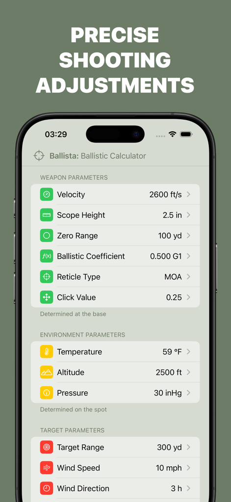 Ballista: Ballistic Calculator - Screenshot dell'app Ballista che mostra i parametri dell'arma, dell'ambiente e del bersaglio per regolazioni di tiro precise