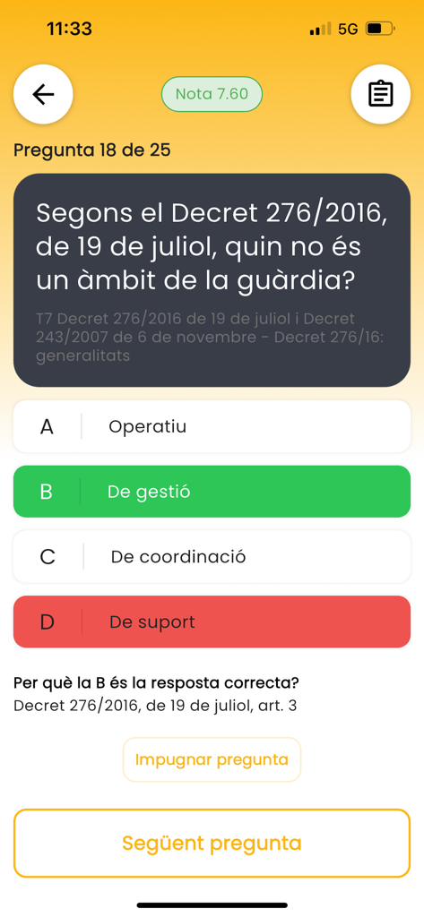 Mobile app interface showing a multiple choice question for a firefighter exam with correct and incorrect answer feedback