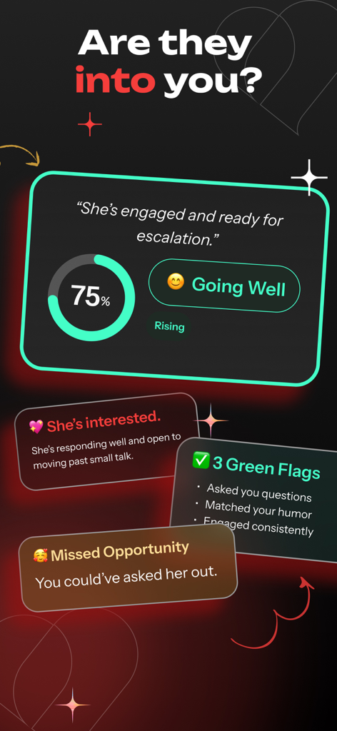 Smoothspeak AI dating app interface showing conversation analysis and interest meter