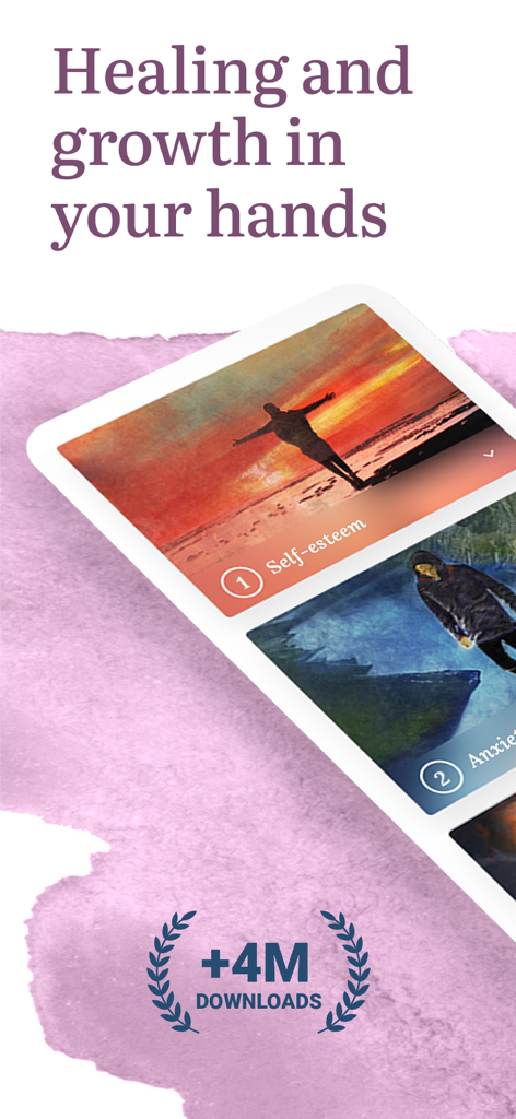 Cingulo: Healing and Growth - Cingulo app interface showing self-esteem and anxiety topics with a text overlay mentioning over 4 million downloads.