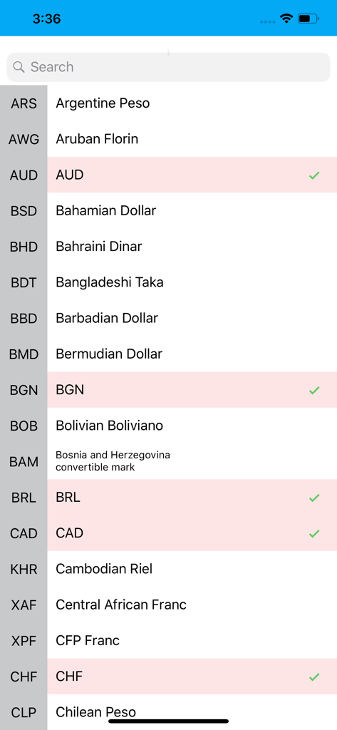 Eine Liste internationaler Währungen, die in der Alle Währungsrechner App zur Auswahl und Suche angezeigt wird.