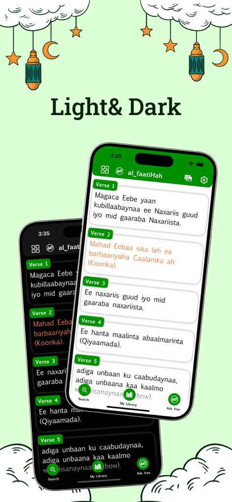 Somali Quran app interface showing light and dark mode reading themes