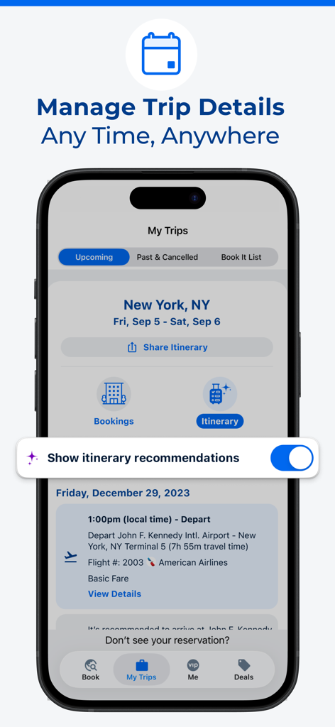 Interfaz de la app móvil Priceline que muestra el itinerario de vuelo y las funciones de gestión de viajes para un viaje a Nueva York.