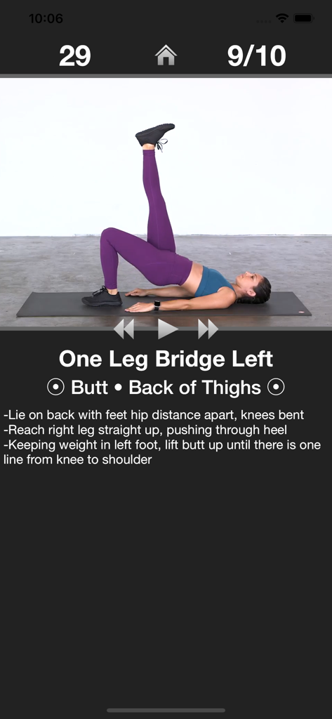 Daily Butt Workout app showing a one leg bridge exercise with video and step by step instructions