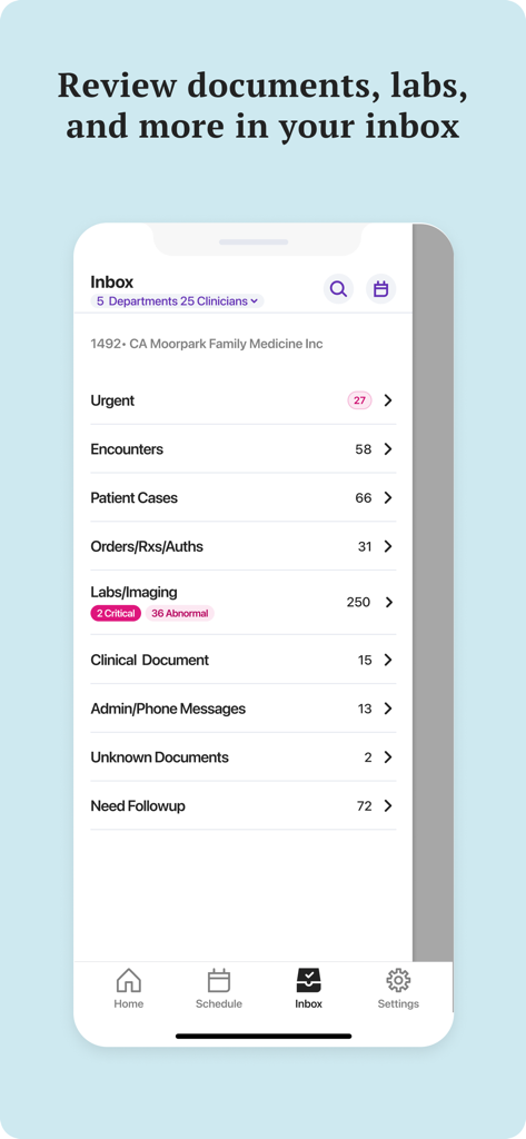 athenaOne mobile app clinical inbox screen showing urgent tasks and lab results