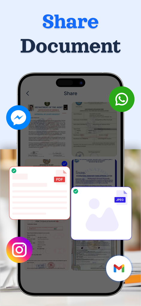Doc Scanner - Fast PDF Creator - A smartphone screen showing options to share scanned documents as PDF or JPEG via Gmail WhatsApp and social media