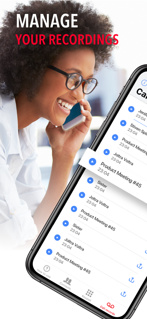 A professional woman using an iPhone to manage a list of recorded calls in the Call Recorder for Me app.