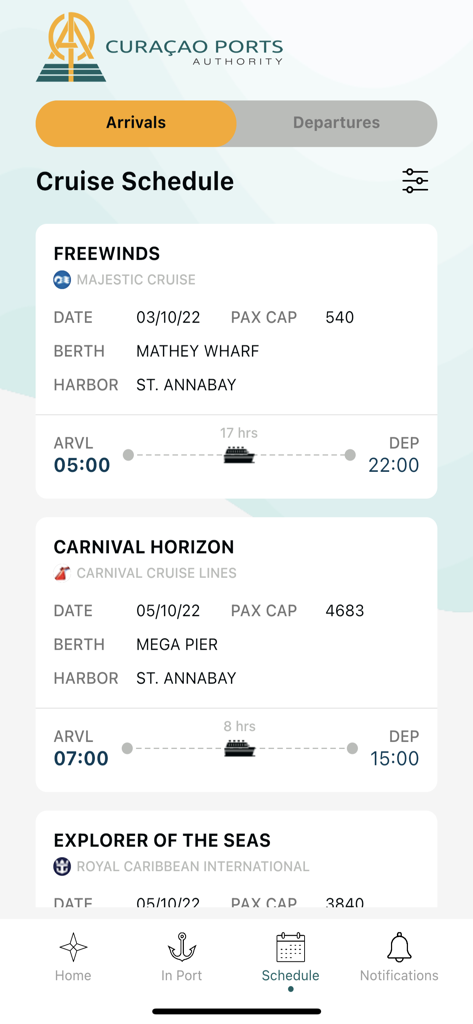CPA Cruise - CPA Cruise app screen showing the cruise vessel arrival schedule for Curacao port including ship names and berthing times