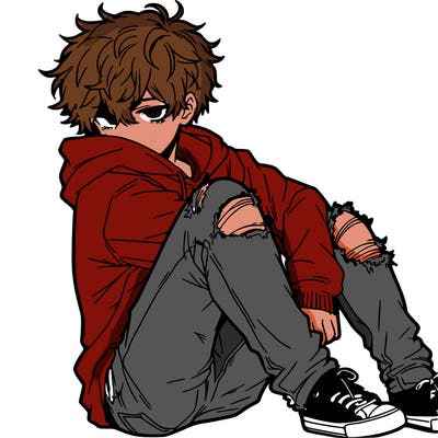 a male hoddie ripped jeans messy hair anime