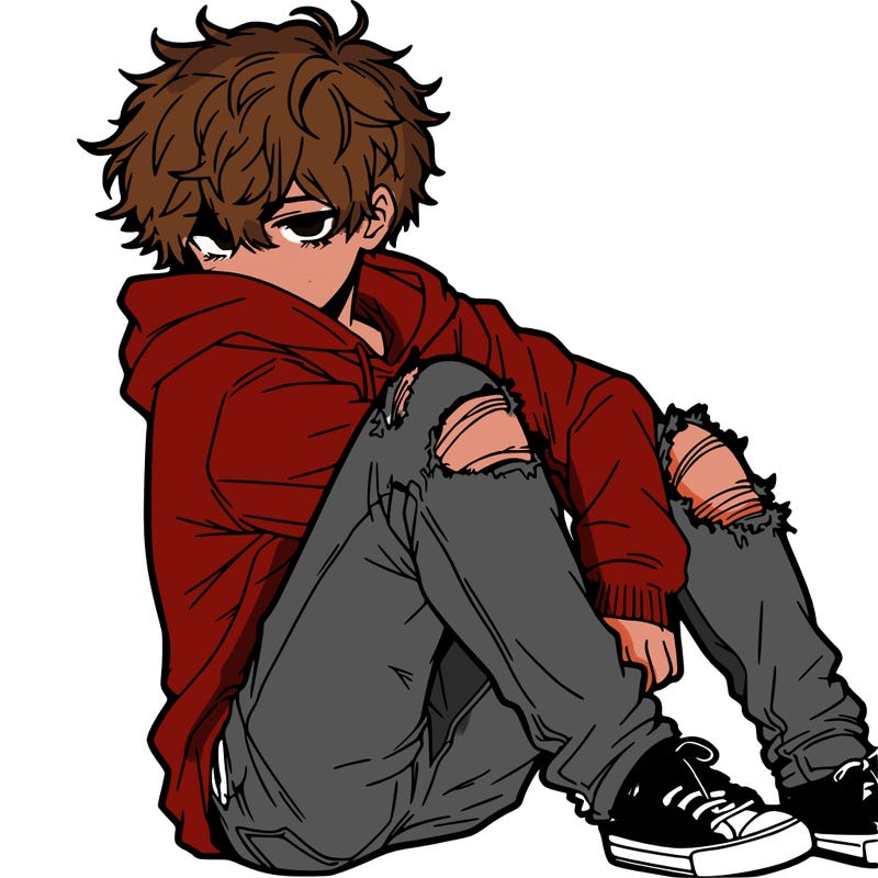 a male hoddie ripped jeans messy hair anime