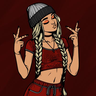 realistic teenage girl with braids and a beanie and crop top doing 🫶🏼