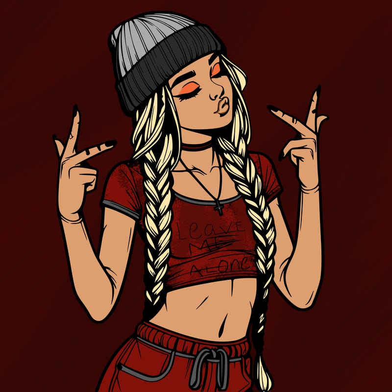 realistic teenage girl with braids and a beanie and crop top doing 🫶🏼