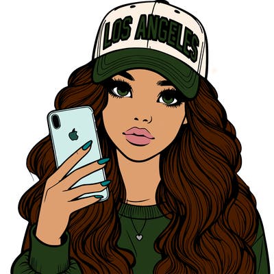 realistic beautiful girl wearing los ángeles cap holding an iphone