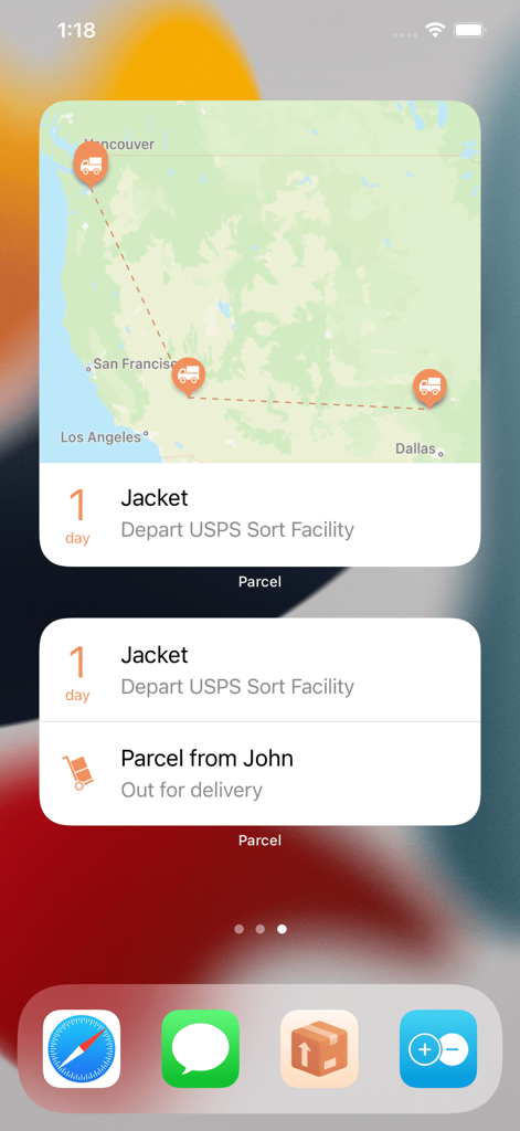 Pantalla de inicio de iOS con widgets de la aplicación Parcel que muestran un mapa de envío y el estado de entrega en tiempo real