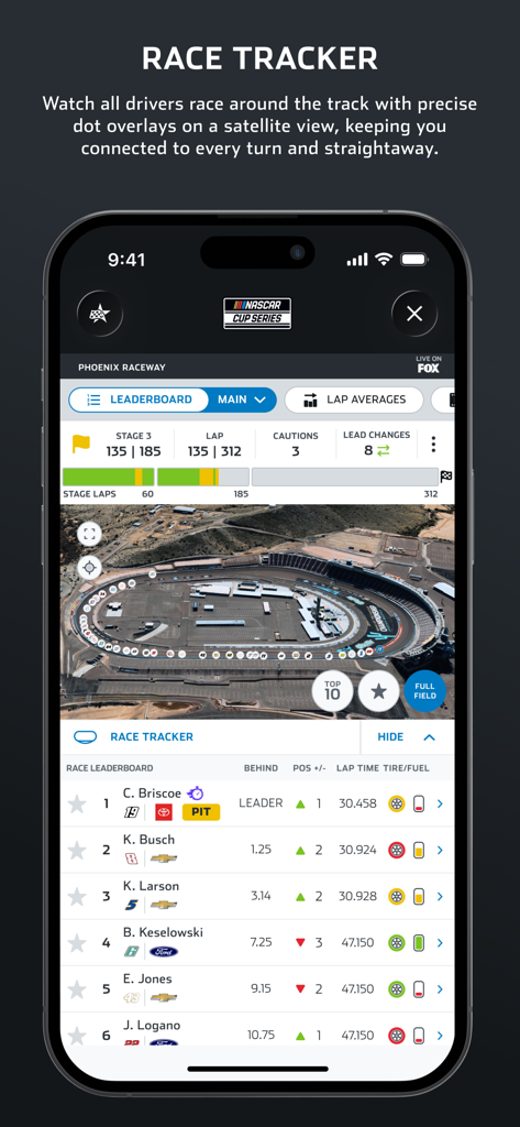 NASCAR MOBILEアプリのスクリーンショット。レーストラッカーと、C.ブリスコエやK.ブッシュを含むドライバーのライブリーダーボードが表示されたフェニックス・レースウェイの衛星ビュー。