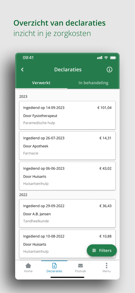 MijnDSW - Screenshot of the MijnDSW app showing a detailed list of healthcare claims and medical expenses