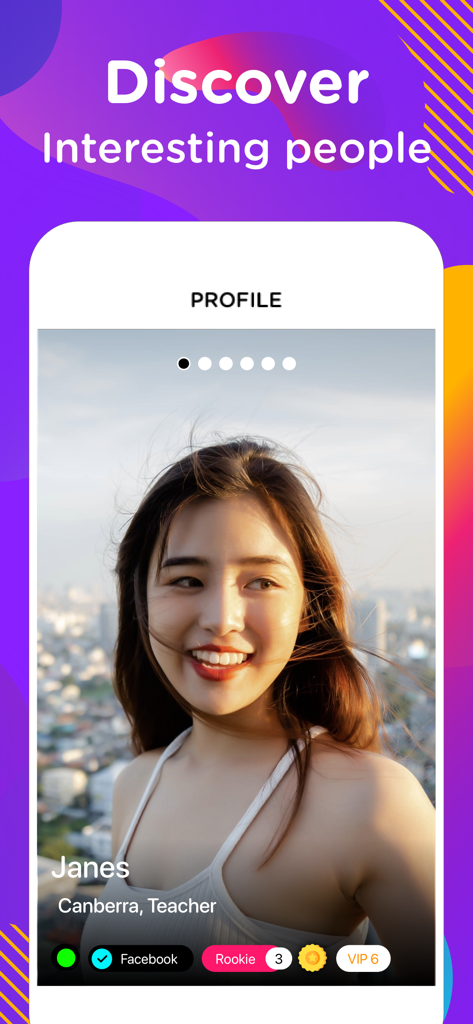 EME Hive - Dating, Go Live - A user profile on the EME Hive app showing a smiling woman with tags for occupation and location.