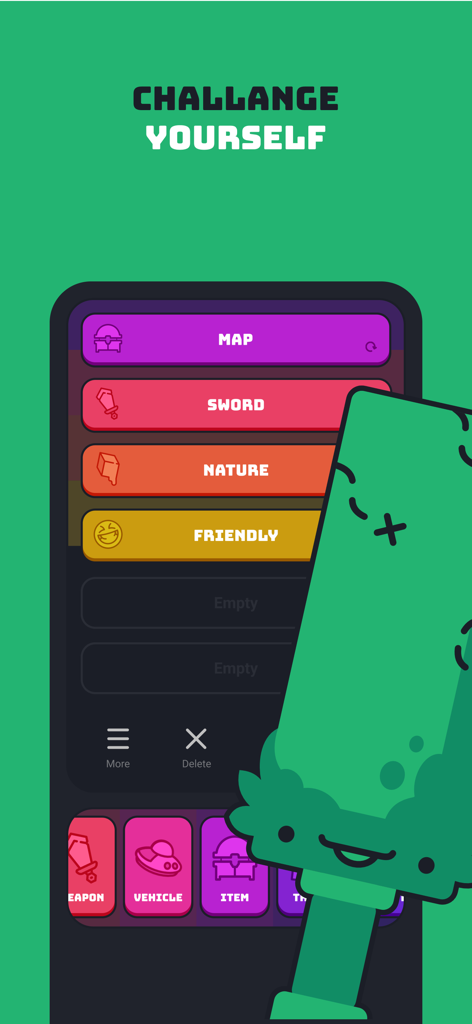 A mobile app interface for generating art prompts with categories like map and sword