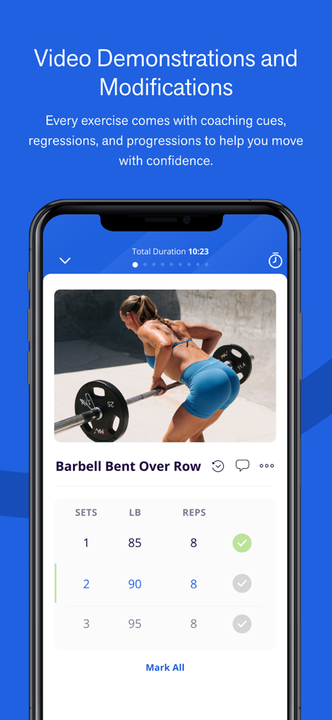 Theory of Motion - Theory of Motion App-Bildschirm, der eine Video-Demonstration für Rudern mit der Langhantel im Obergriff und eine Trainingsprotokolltabelle anzeigt.