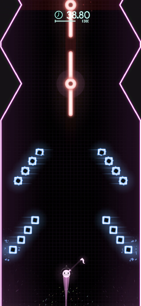 Poosh XL - A minimalist neon arcade game screen showing a character aiming through glowing obstacles