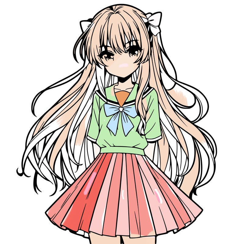 anime woman with long hair and bangs wearing skirt