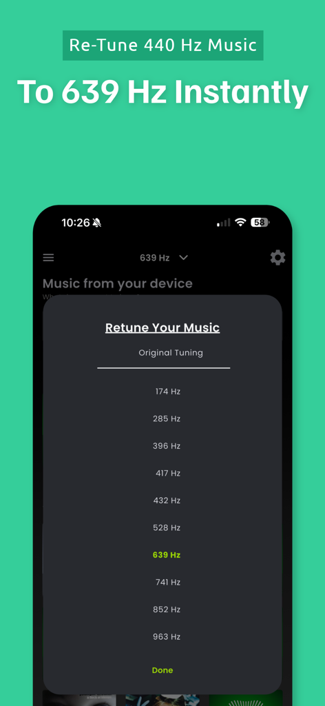 A list of Solfeggio frequency options for instant music retuning in the 639 Player Plus app interface