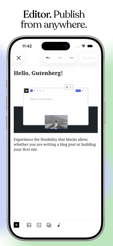 Jetpack for WordPress - Interface móvel do editor do aplicativo Jetpack mostrando um rascunho de post de blog com o sistema de blocos Gutenberg