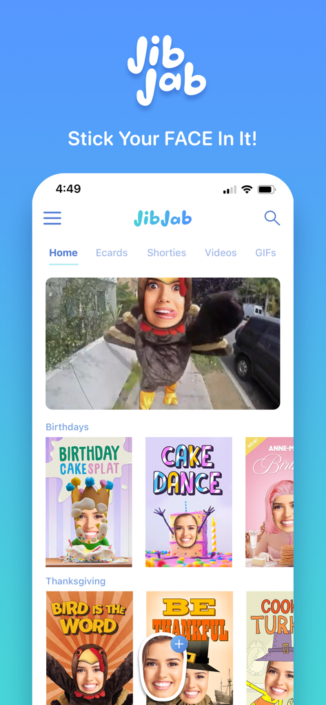 JibJab app home screen with personalized face swap ecards and video templates