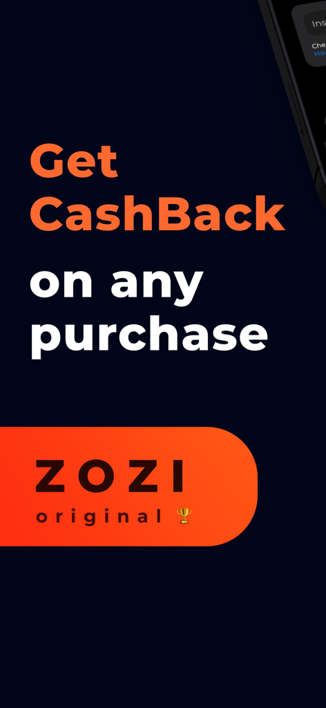 CashBack ZOZI: money back - Pantalla promocional de la aplicación CashBack ZOZI con el texto Obtén Cashback en cualquier compra
