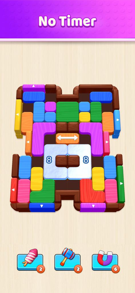 Slide Block Rush-Spielbildschirm mit bunten Blöcken in einem Holzrahmen mit der Überschrift No Timer