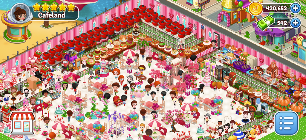 Cafeland - Restaurant Cooking - A highly decorated pink themed restaurant in Cafeland with many customers and cooking pots
