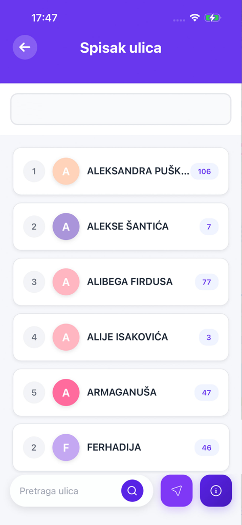 Rutmap Sarajevo - Una pantalla de aplicación móvil titulada Spisak ulica que muestra una lista de nombres de calles en Sarajevo con sus respectivos recuentos de direcciones y una barra de búsqueda en la parte inferior.