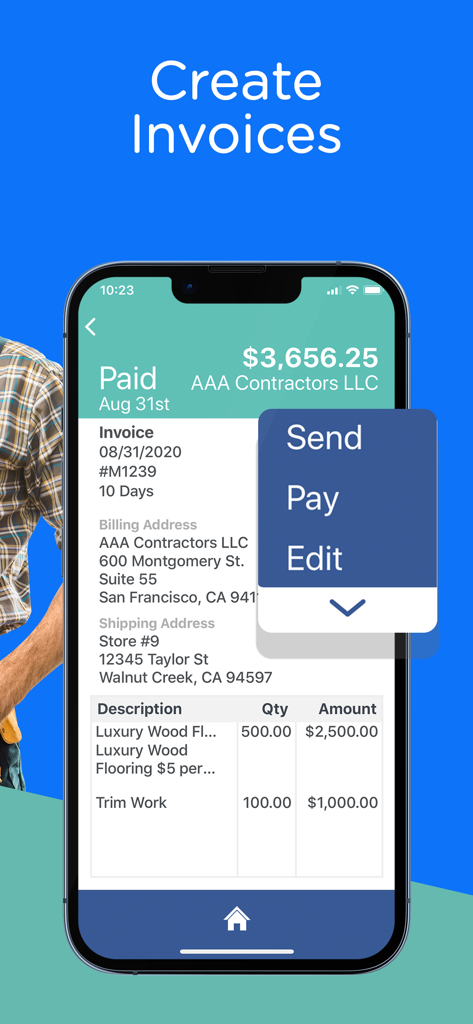 Invoice ASAP: Field Service - Smartphone screen showing a professional contractor invoice with options to send pay and edit