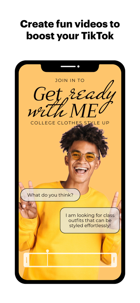 Mobile app screen showing a social media video template for TikTok with the text Get Ready With Me